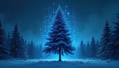 Cold winter forest night scene snow covered pine trees. Main fir tree in center shines bright blue light with digital tech network lines, nature meeting future data innovation, modern global progress.