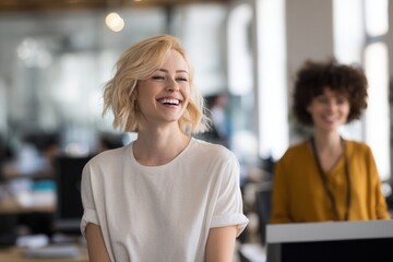Cheerful businesswoman laughing in modern office, radiating positivity and success, perfect for showcasing workplace happiness and employee satisfaction, vibrant atmosphere