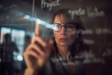 Brilliant businesswoman strategizing project plans with focus and determination in modern workspace creating innovative solutions for success