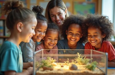 Teacher shows terrarium to diverse group of children in classroom. Students look at plants, rocks in glass box. Kids smile, happy to explore nature, learn about planet earth.