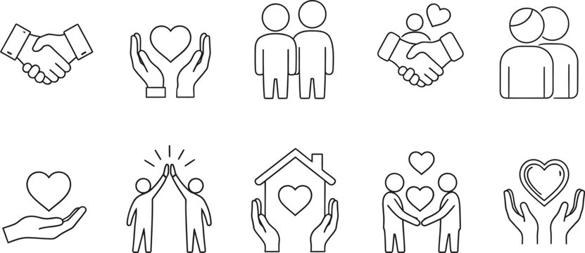 Collection of charity and support icons in a simple line art style