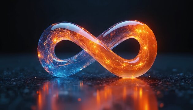 Glowing infinity symbol illustration on dark background. Vibrant blue, orange colors create dynamic effect. Design represents endlessness, cycle, futuristic concepts. Suitable for corporate branding