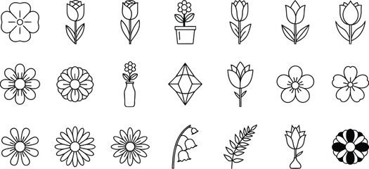 Collection of vintage botanical illustrations and floral elements in black and white