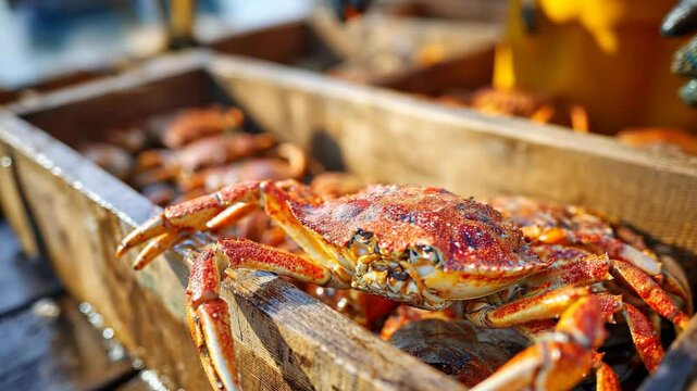 Freshly caught Dungeness crab in a wooden crate at a seafood market