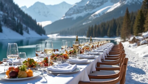 Long elegant dining table prepared with white linens, dishes, wine bottles, glasses. Sits next to clear turquoise mountain lake. Snowy landscape, pine trees, peaks surround beautiful outdoor feast. - Powered by Adobe