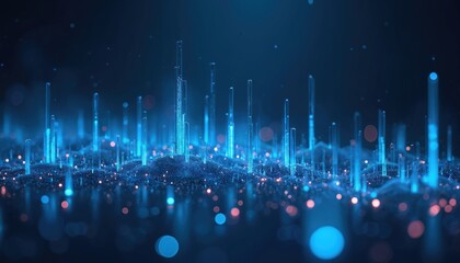 Abstract digital landscape with glowing blue lights and particles. Futuristic data stream or network visualization with futuristic towers. Cyberspace or tech background.