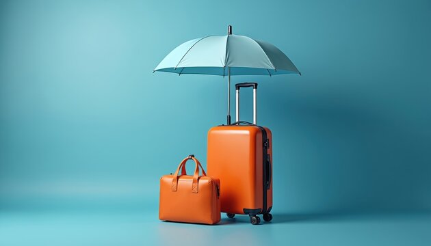 Orange suitcase and bag rest under blue umbrella on teal background representing travel protection and insurance for trips abroad covering flights and baggage. Safe journey concept.