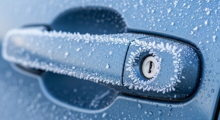 Icy Car Door Handle with Frost Crystals Encasing Surface During Freezing Winter Weather Season, Detailed Macro Shot Automotive Exterior