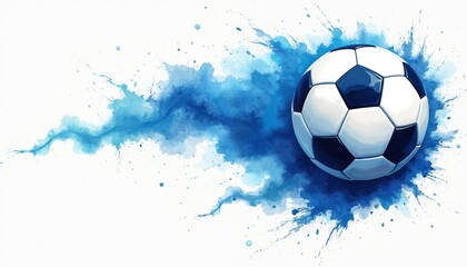 Fototapeta premium Soccer ball illustration dynamic splash effect with blue ink drops. Football club print design. Sport team brand. Soccer artwork concept for mobile app website. Training poster. Watercolor style.