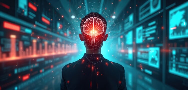 Man with glowing digital brain connected to network. Futuristic data screens display information. Artificial intelligence, big data analysis, neural networks, information technology.