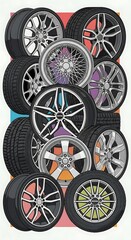 Diverse Car Wheels - A Collection of Automotive Rims and Tires.
