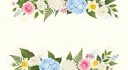 Elegant floral border design with white roses, pink roses, and blue hydrangeas on a cream background, perfect for invitations or announcements