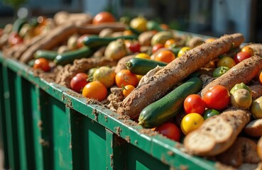 Discarded organic food, like fruits, vegetables, and bread, fills a large industrial dumpster. Items show signs of spoilage and decomposition in a green bin.