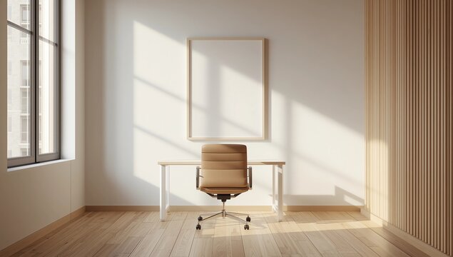 Bright office room interior with empty white poster, panoramic window, four laptops, comfortable armchairs, desks and concrete floor. Perfect place for work. Minimalist design. Mock up. 3d rendering