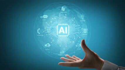 Concept of an enterprise Artificial Intelligence solution. A central processor powers machine learning for business automation, innovation, and intelligent data analysis. Fermion