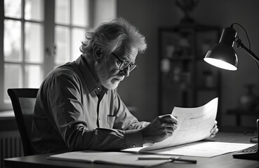 Experienced senior architect with glasses works on construction plans at office desk. Grey bearded man reviews blueprint document, studying building design details. Uses lamp for focused light,