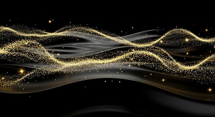 Abstract golden waves with sparkling particles on a dark background.