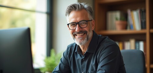 Middle aged man with gray hair, beard wearing glasses smiles while looking at computer screen in well lit office with bookshelf, plants in background. He is mental health pro working on computer.