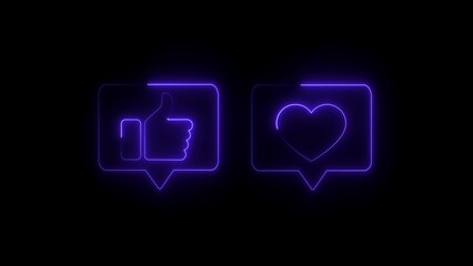 Neon purple thumbs up and heart icons in speech bubbles on black background image 1