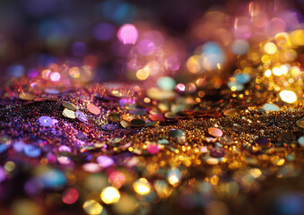Close-up of sparkling sequins texture with glittering reflective surface, vibrant colors, and glamorous macro detail.
