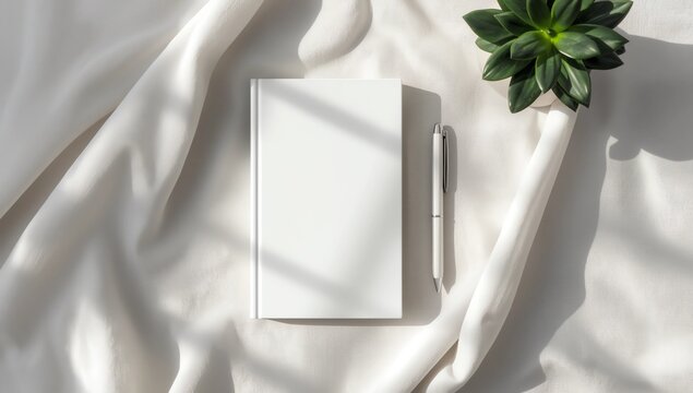 Clean minimal book 4x6 mockup on cloth with plant and pen background
