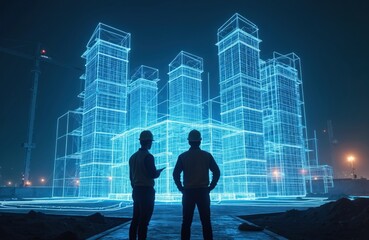 Two architects study futuristic building blueprints on construction site at night. Modern city skyline digital wireframe design shows skyscraper development, urban planning. Future engineering