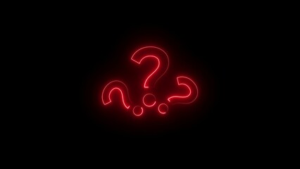 Fototapeta premium Three glowing red neon question marks with small red circles against a black background symbol image