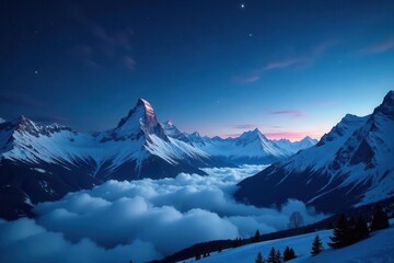 Dark, starlit sky over majestic, snow-capped mountains; clouds drift below , night sky, environment, nocturnal