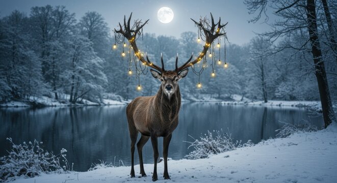 Enchanted Winter Deer with Illuminated Antlers Under Full Moon - Powered by Adobe