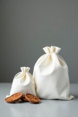 Elegant white pouches, sandalwood extract, gray backdrop Minimalist aesthetic , scent, mockup, flexible