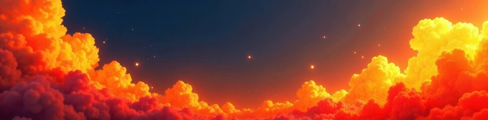 Fiery orange, red, yellow watercolor clouds & flames border , watercolor, red