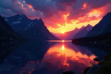 Lofoten sunset, majestic mountains, summer night sky , photography, Norway, calm