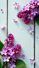 Loose lilac blossoms spill across rustic white wood Spring garden feel , floral, purple