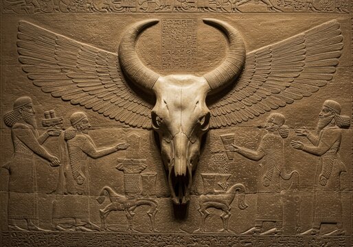 Assyrian Bas-Relief with Winged Bull Skull and Ritual Figures