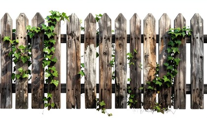 Weathered wooden fence with ivy growing up it against a stark white backdrop