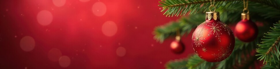 Red and gold bauble hangs on festive Christmas card , simple, merry