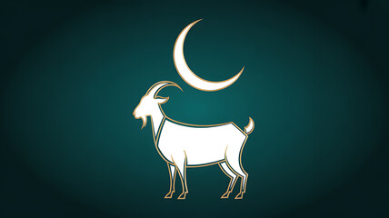 White goat with crescent moon above, stylized illustration on dark background
