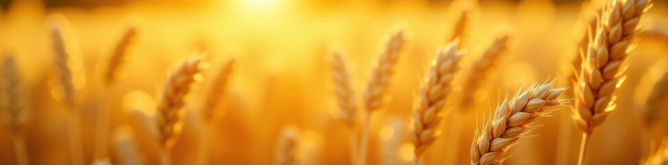 Ripe wheat stalks, sunlight glinting on golden grains, sun, harvest