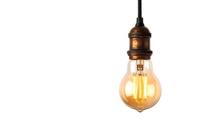 Vintage-style lightbulb hangs from a black cord, illuminated against a bright white backdrop