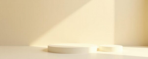 Three white round podiums, beige backdrop, sunlight , round, commercial, soft