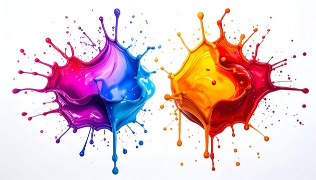 Vivid paint splashes of magenta-blue and red-orange against a white background - Powered by Adobe