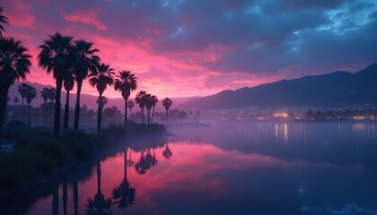 Vibrant pink, purple sunset sky hangs above misty lake. Tall palm trees silhouette line serene shore. Distant mountains, city lights glow softly. Calm water perfectly reflects sky vivid colors,