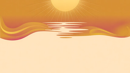 Stylized sunset over a calm body of water with radiant sun and reflective waves