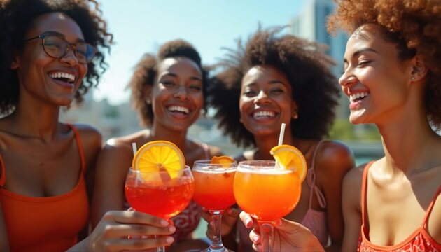Group of african american women enjoys tropical cocktail with orange slice. Friends laugh celebrate holidays on roof party. Multiethnic girls hold drinks, enjoy summer vacation. Friendship, carefree - Powered by Adobe