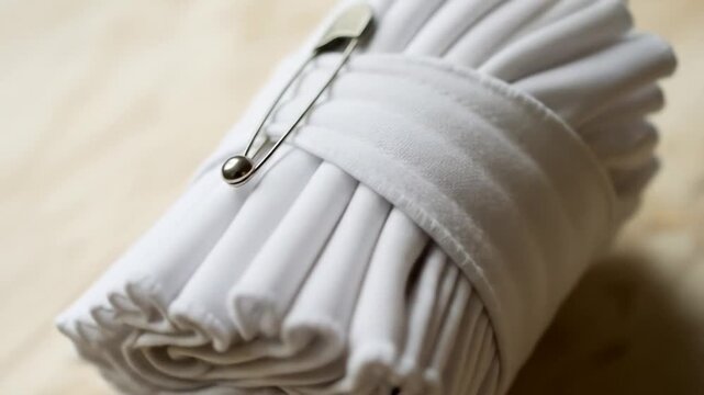 Close-up of neatly folded white baby cloth diapers secured with a large safety pin on a wooden