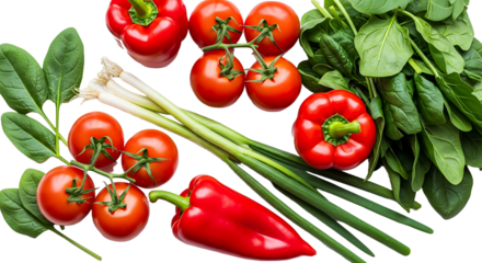 Vibrant fresh red bell peppers, juicy tomatoes on vine, crisp green onions, and healthy spinach leaves arranged artistically for culinary inspiration and healthy eating.