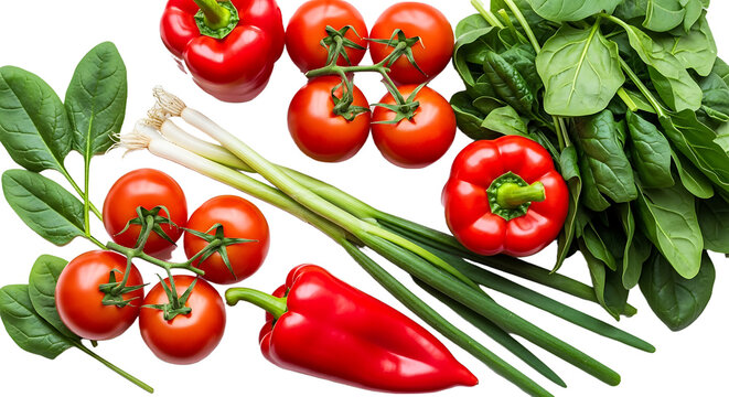 Vibrant fresh red bell peppers, juicy tomatoes on vine, crisp green onions, and healthy spinach leaves arranged artistically for culinary inspiration and healthy eating.