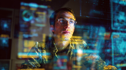 College student using virtual AI artificial intelligence technology & machine learning. Interactive technology in uni classroom. Innovation & smart tech. AI hologram in education & gaming. futuristic	