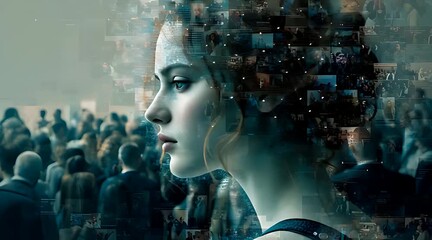 Double exposure portrait of woman with digital data interface and crowd background concept of AI technology - Powered by Adobe