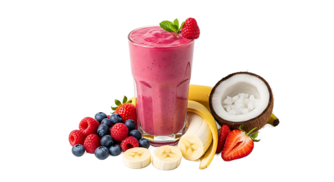 Refreshingly vibrant berry and coconut smoothie bursting with natural flavors, perfect for healthy lifestyle promotions and vibrant beverage advertising.
